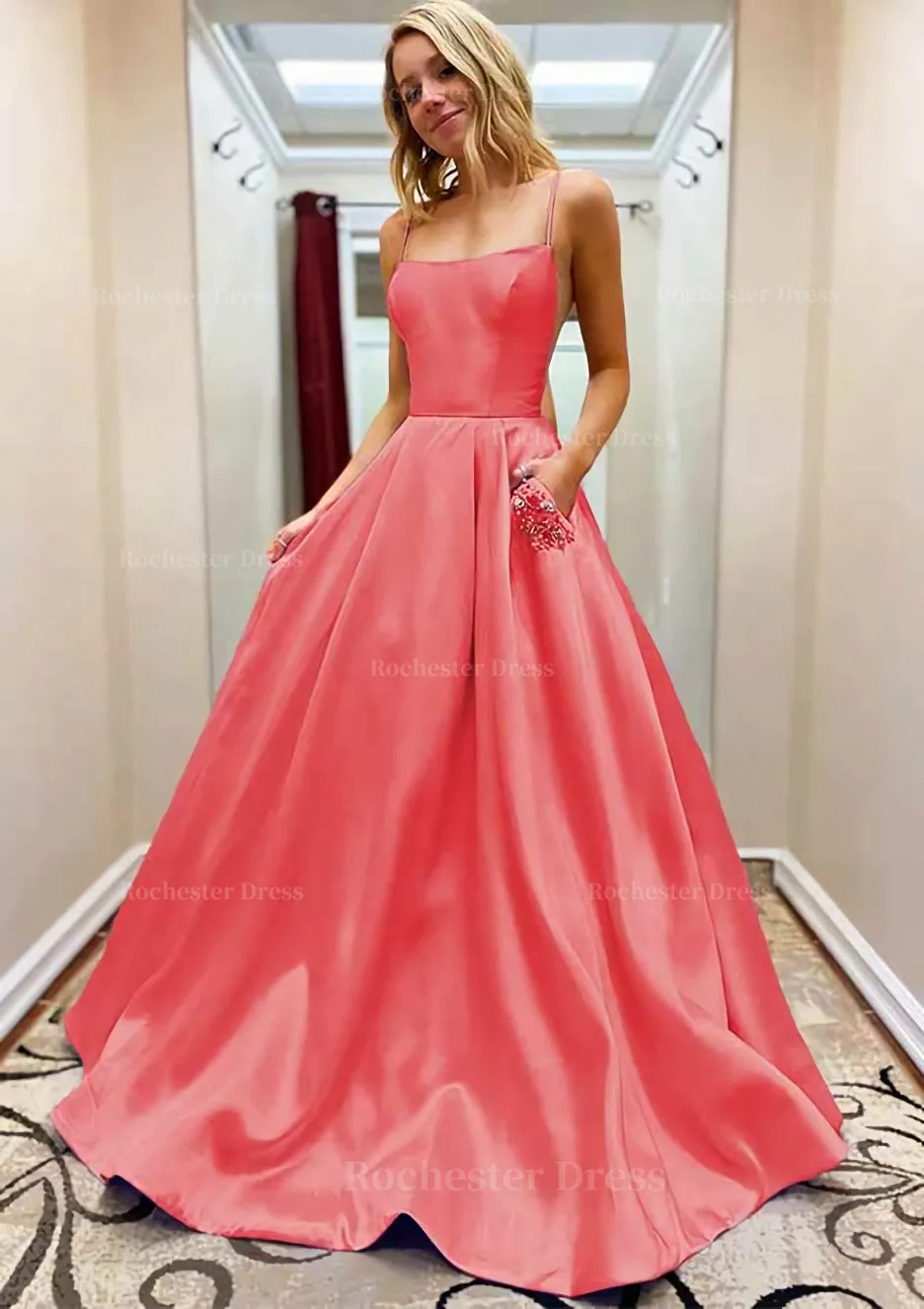 A-line Square Neckline Spaghetti Straps Sweep Train Satin Prom Dress With Beading Pockets