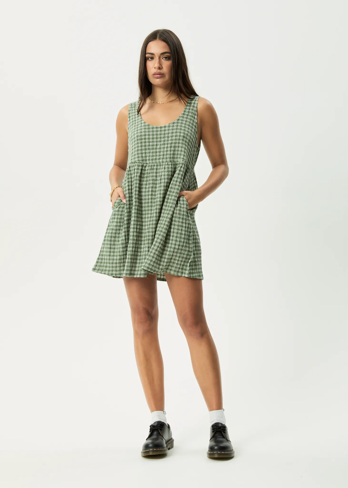 AFENDS Womens Base Jesse - Seersucker Mini Dress - Deep Green Check