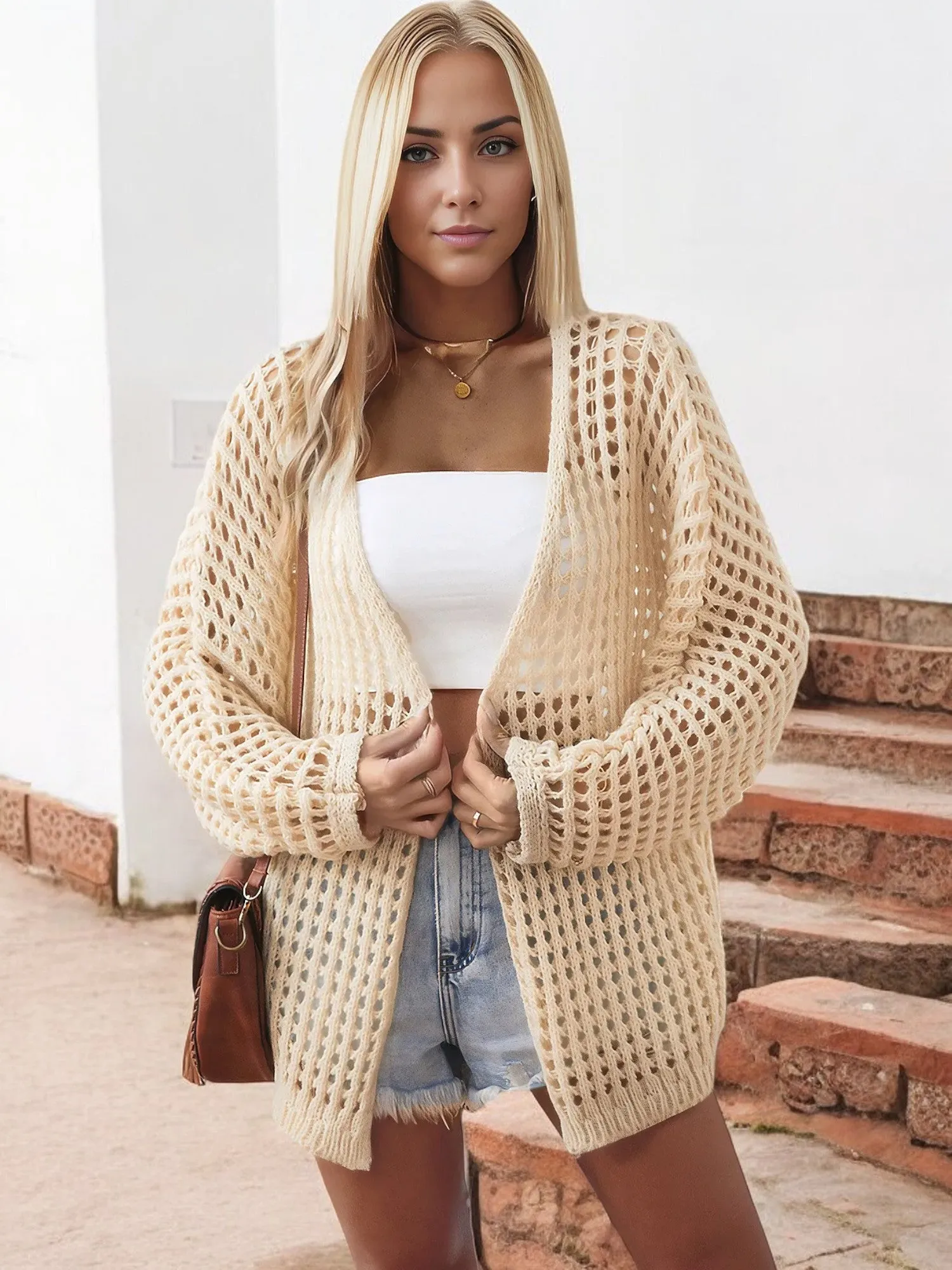Anna-Kaci Women's Open Knit Cardigan with Long Sleeves and Relaxed Fit