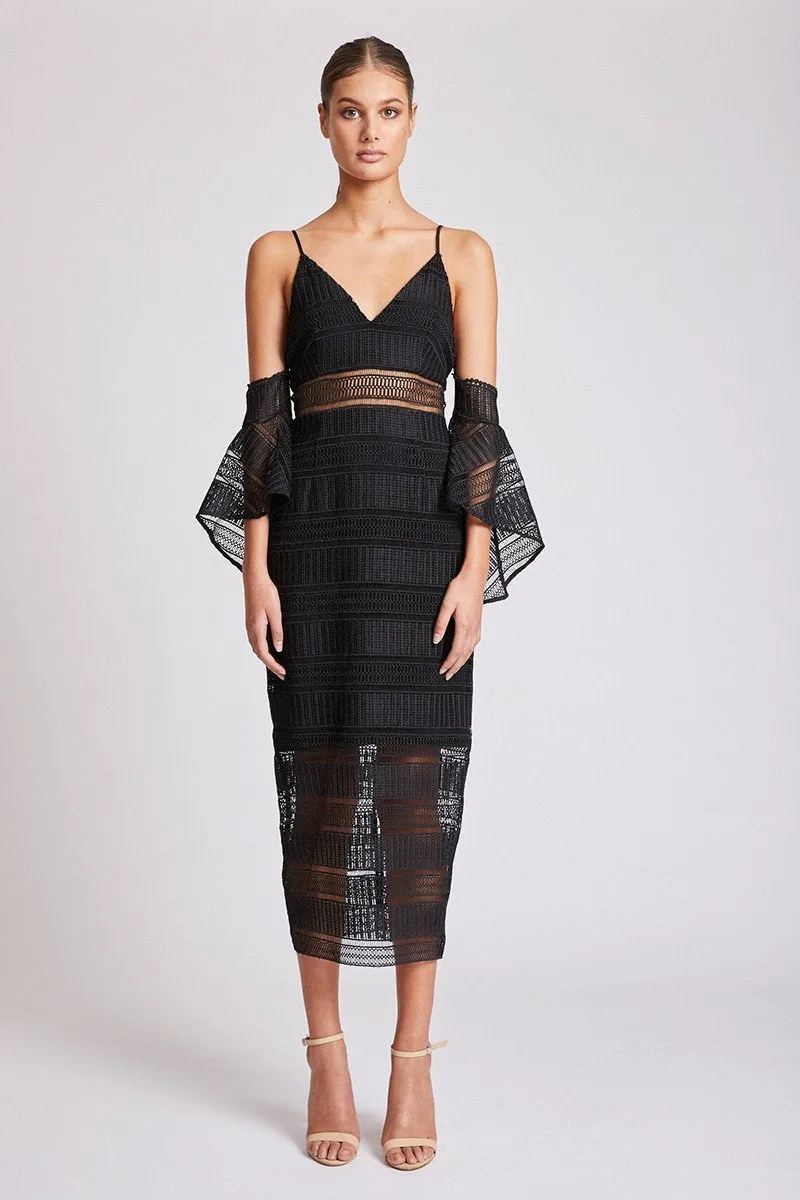 ARUBA FLARED SLEEVE COCKTAIL MIDI DRESS - BLACK