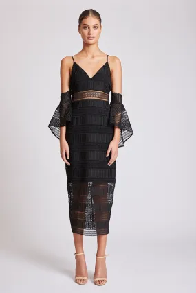 ARUBA FLARED SLEEVE COCKTAIL MIDI DRESS - BLACK
