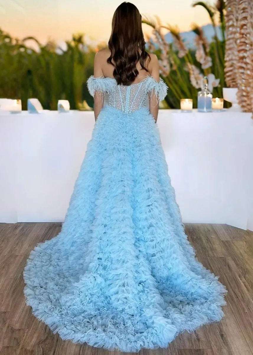 Astrid |A Line Off the Shoulder Tiered Tulle Prom Dress With Slit