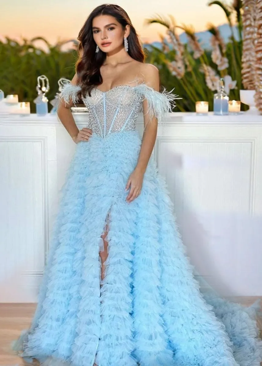 Astrid |A Line Off the Shoulder Tiered Tulle Prom Dress With Slit