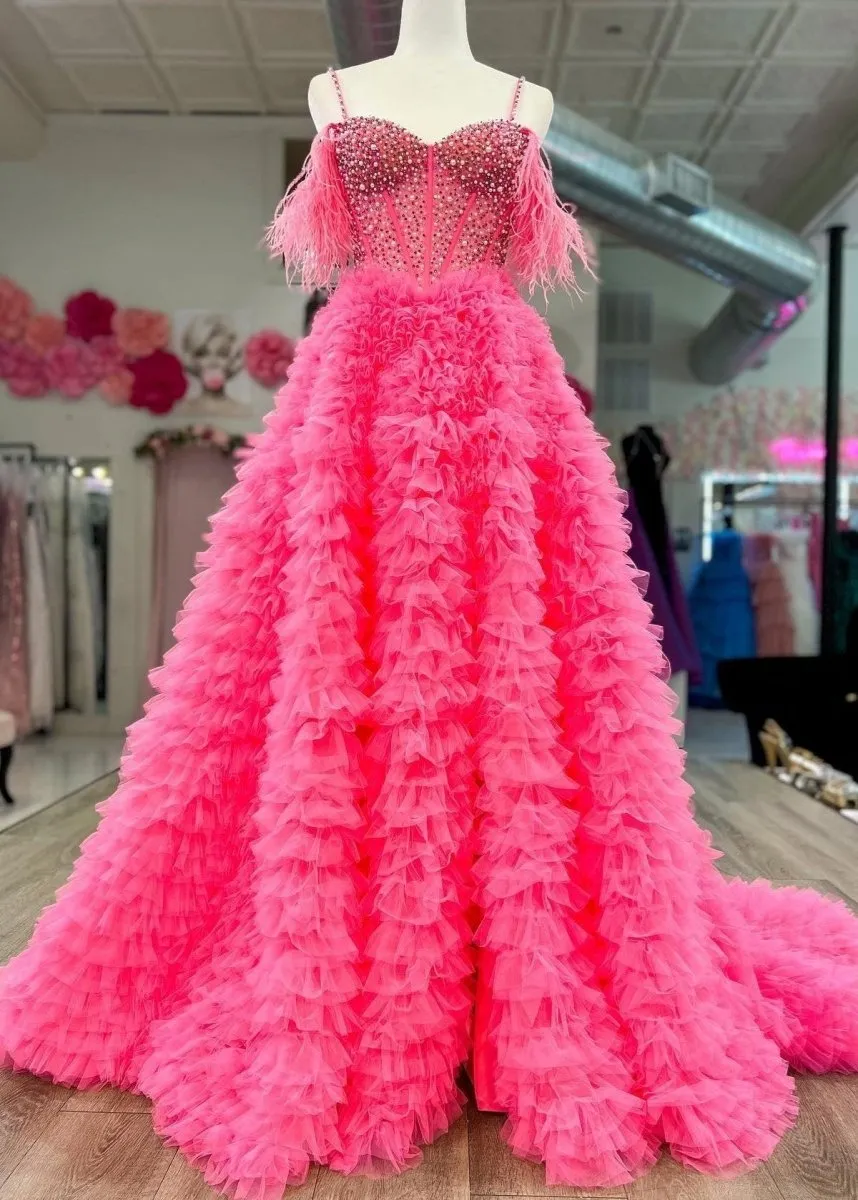 Astrid |A Line Off the Shoulder Tiered Tulle Prom Dress With Slit