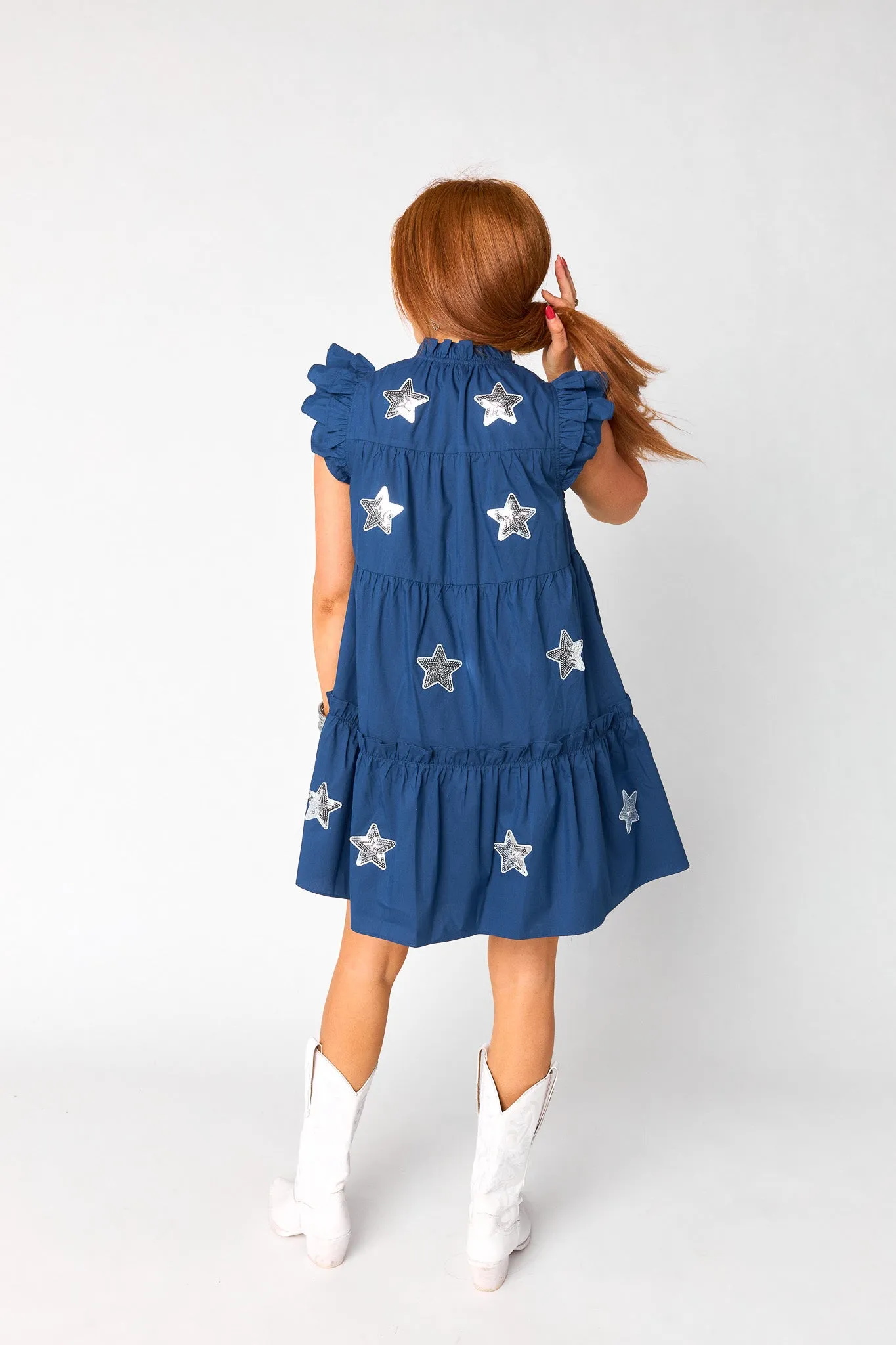 Aubrey Ruffle Shoulder Short Dress - Navy/Silver