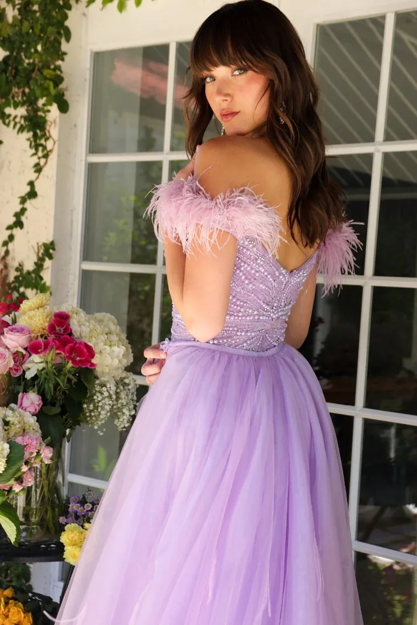 Ava Presley 29233 Long Beaded Pageant Dress Slit Feather Overskirt Prom Gown Formal