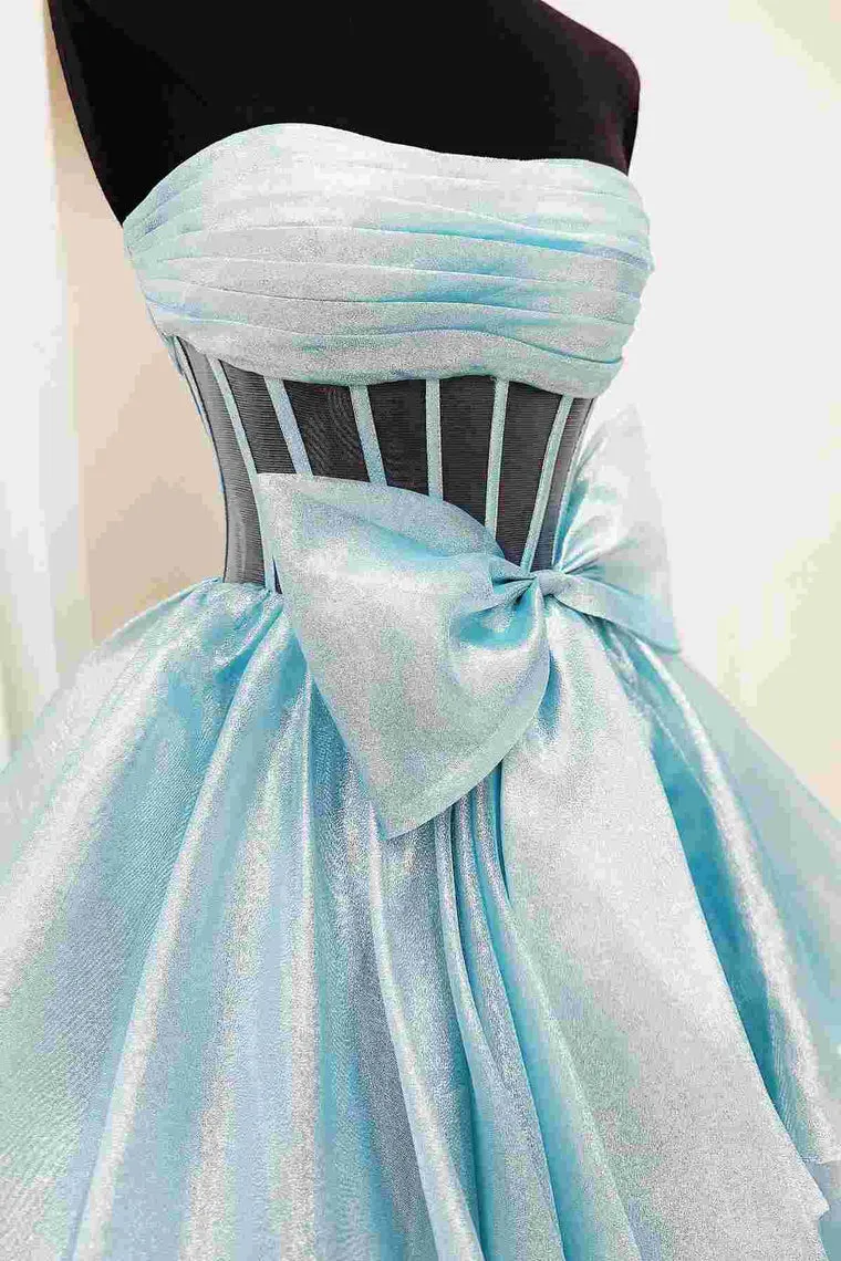 Ball Gown Strapless Organza Long Prom Dresses with Bow