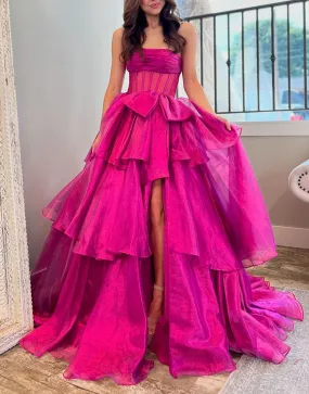 Ball Gown Strapless Organza Long Prom Dresses with Bow
