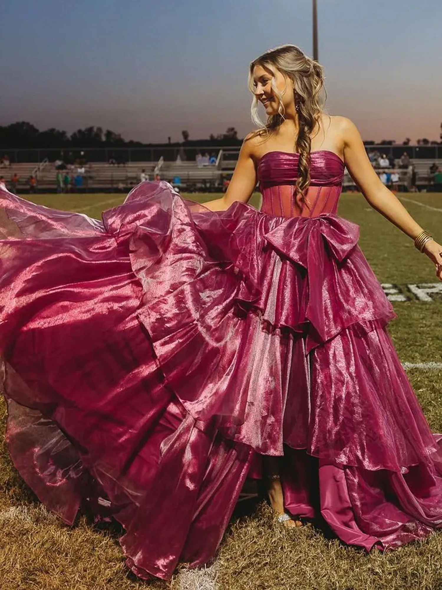 Ball Gown Strapless Organza Long Prom Dresses with Bow