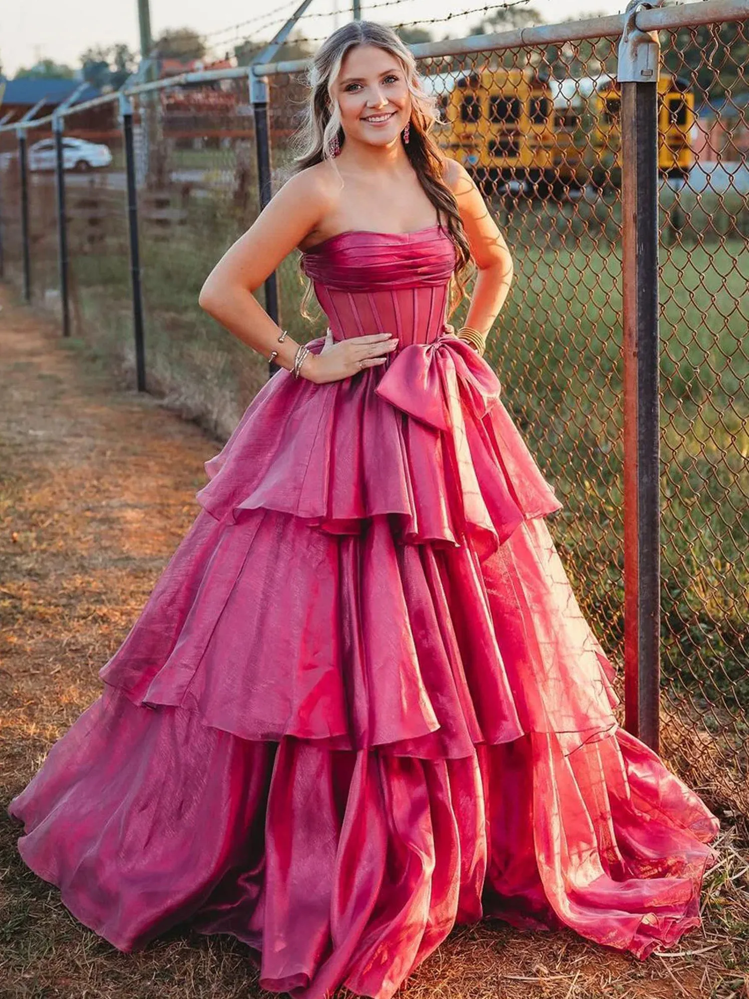 Ball Gown Strapless Organza Long Prom Dresses with Bow