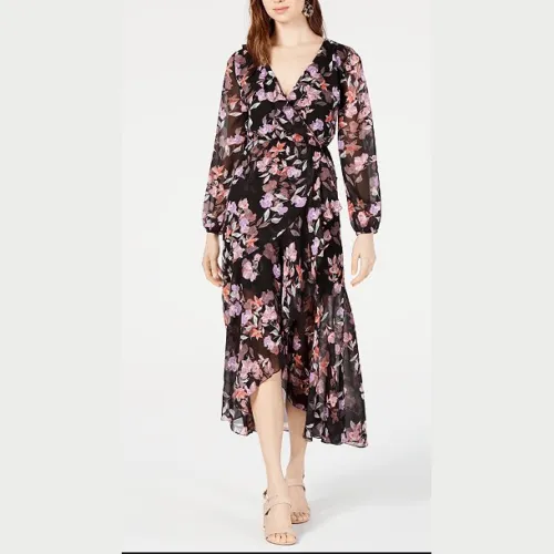 Bar III Floral-Print Wrap Dress, Medium