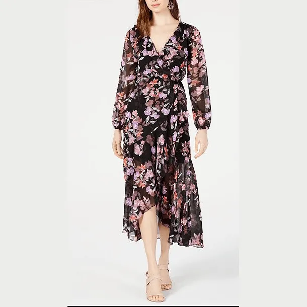 Bar III Floral-Print Wrap Dress, Medium