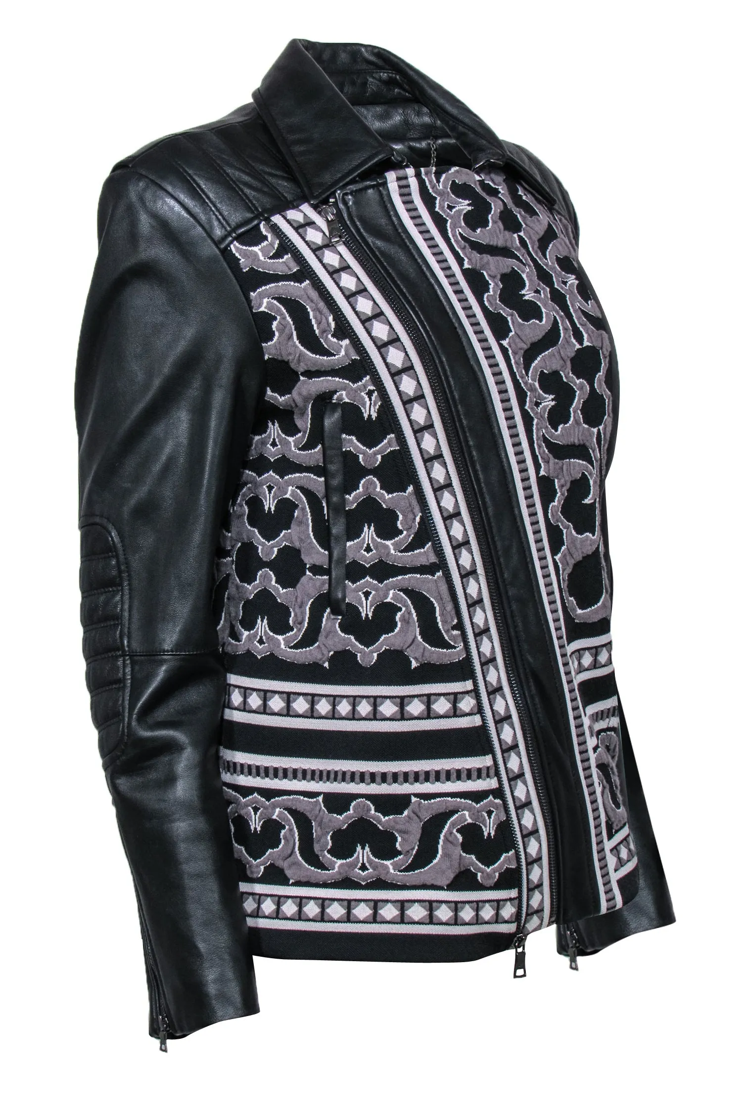 BCBG Max Azria - Black Leather Zip-Up Jacket w/ Woven Tapestry Design Sz S