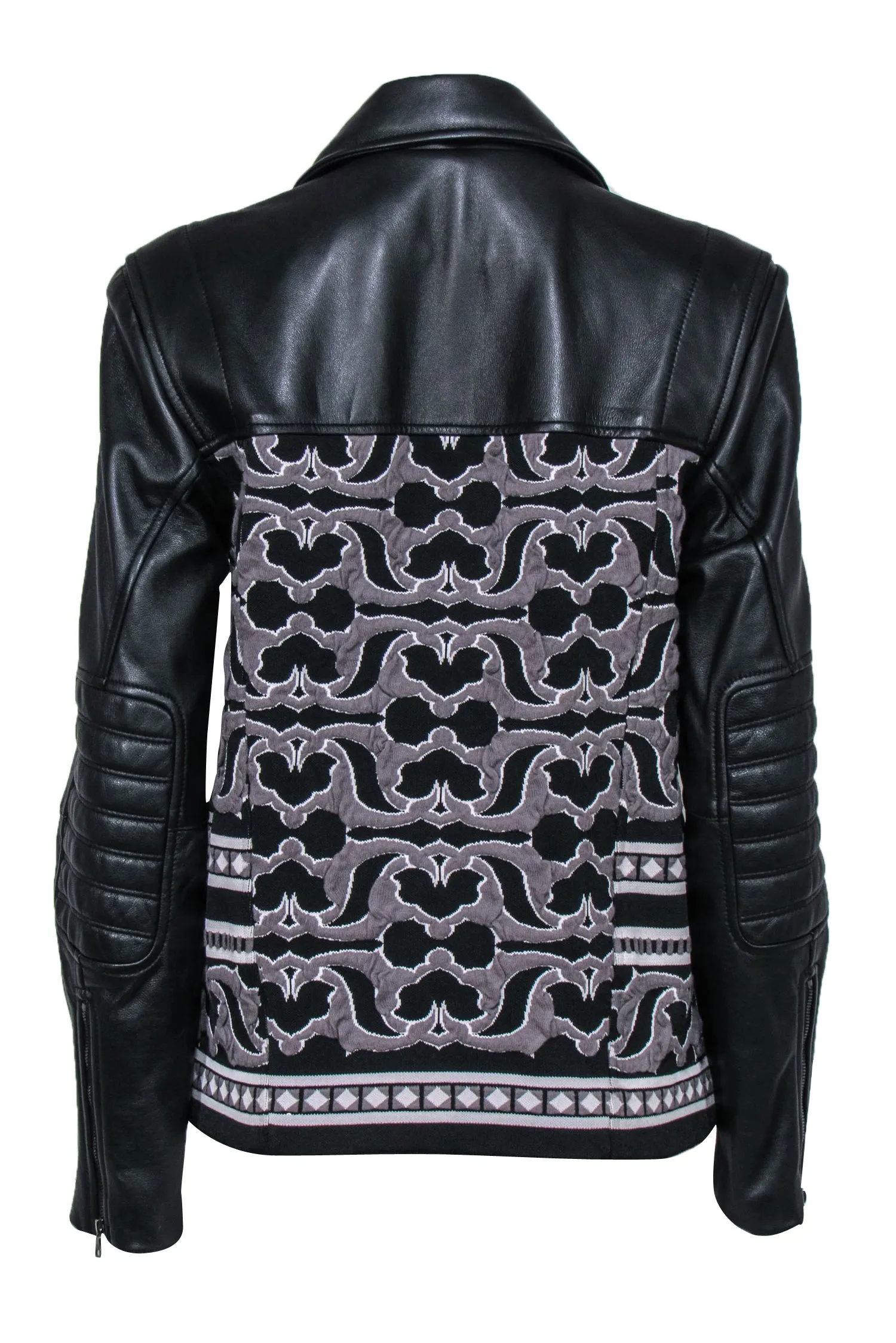 BCBG Max Azria - Black Leather Zip-Up Jacket w/ Woven Tapestry Design Sz S
