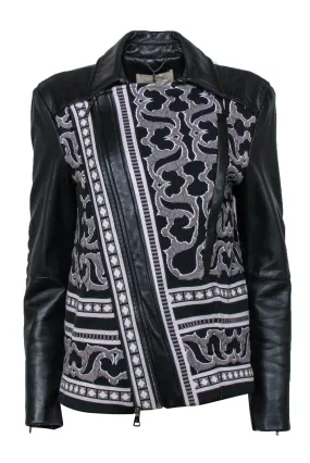 BCBG Max Azria - Black Leather Zip-Up Jacket w/ Woven Tapestry Design Sz S