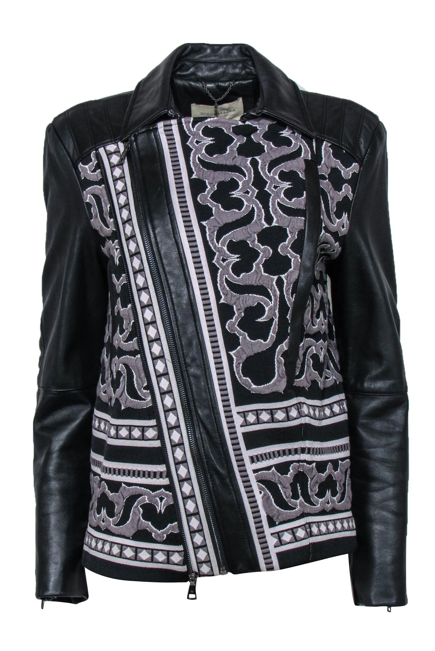 BCBG Max Azria - Black Leather Zip-Up Jacket w/ Woven Tapestry Design Sz S