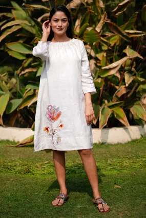 Beige Linen Embroidered Dress