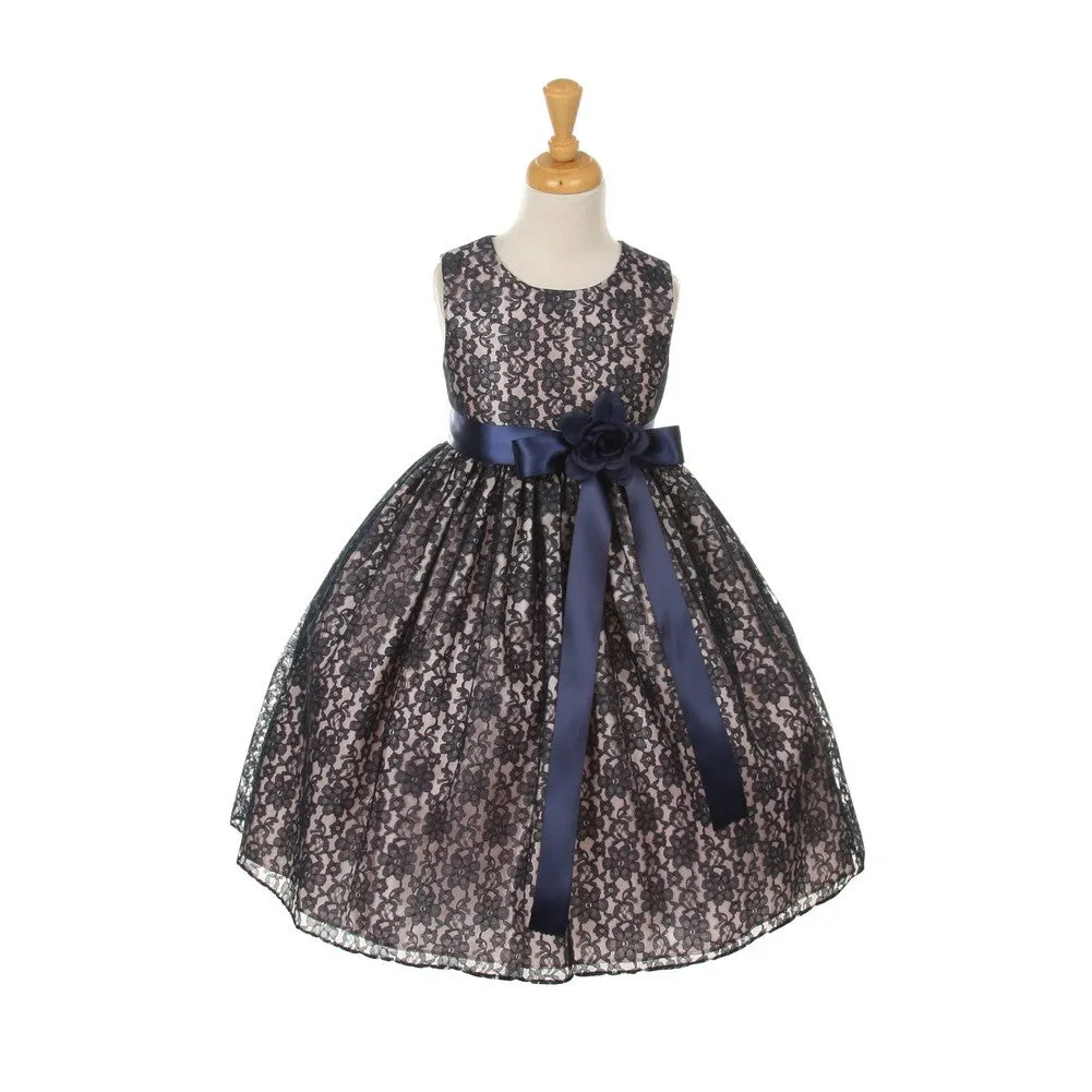 Big Girls Navy Satin Multi Color Sashes Dress 8-14