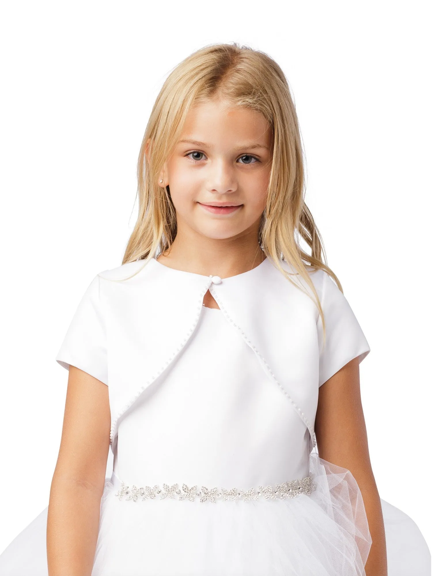 Big Girls White Short Sleeved Pearl Embellished Satin Bolero Jacket 8-16