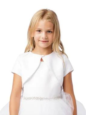 Big Girls White Short Sleeved Pearl Embellished Satin Bolero Jacket 8-16