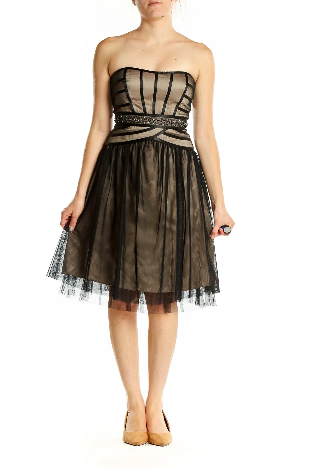 Black and Beige Strapless Tulle Cocktail Dress