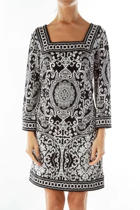 Black and White Square Neck Day Dress