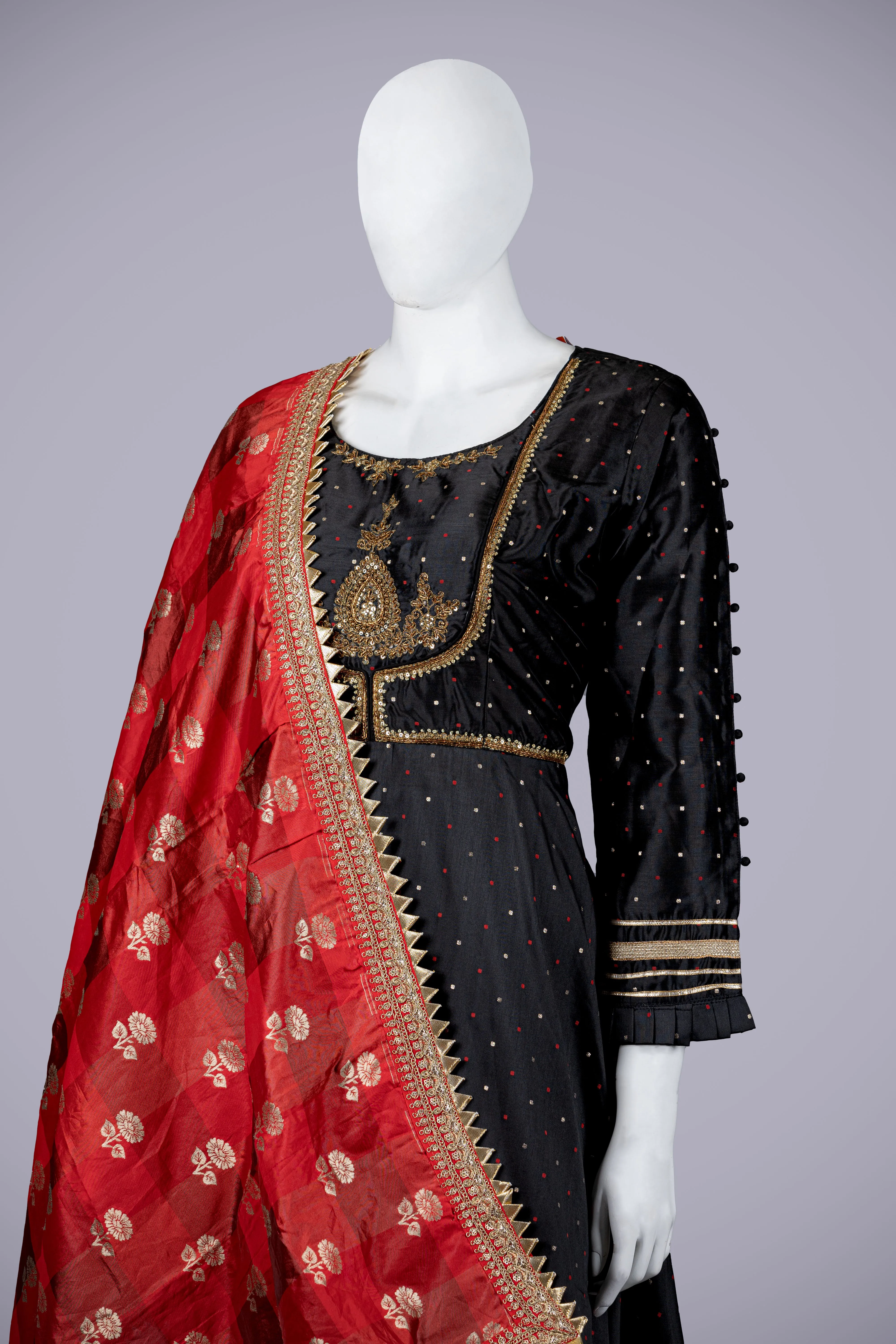 Black Silk Gown with Jardozi Dupatta