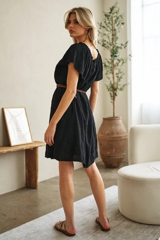 Black Textured Off Shoulder Dress with Ruffle Edge