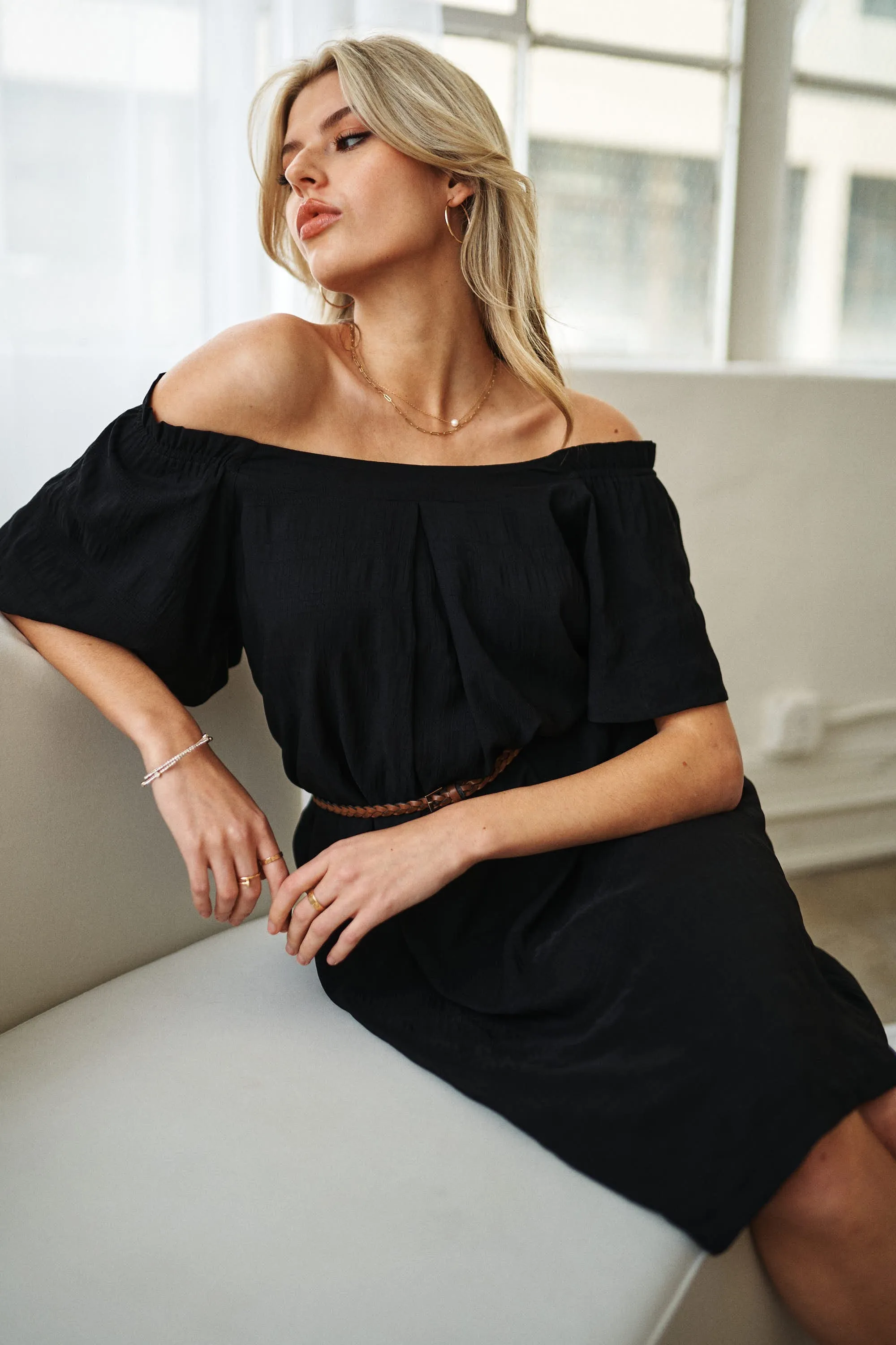 Black Textured Off Shoulder Dress with Ruffle Edge