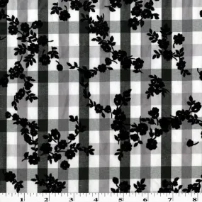 Black/White Floral Velvet Flock Printed Plaid Woven Shirting Fabric