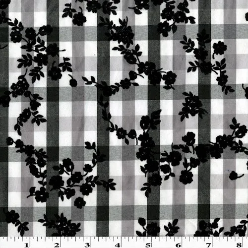 Black/White Floral Velvet Flock Printed Plaid Woven Shirting Fabric