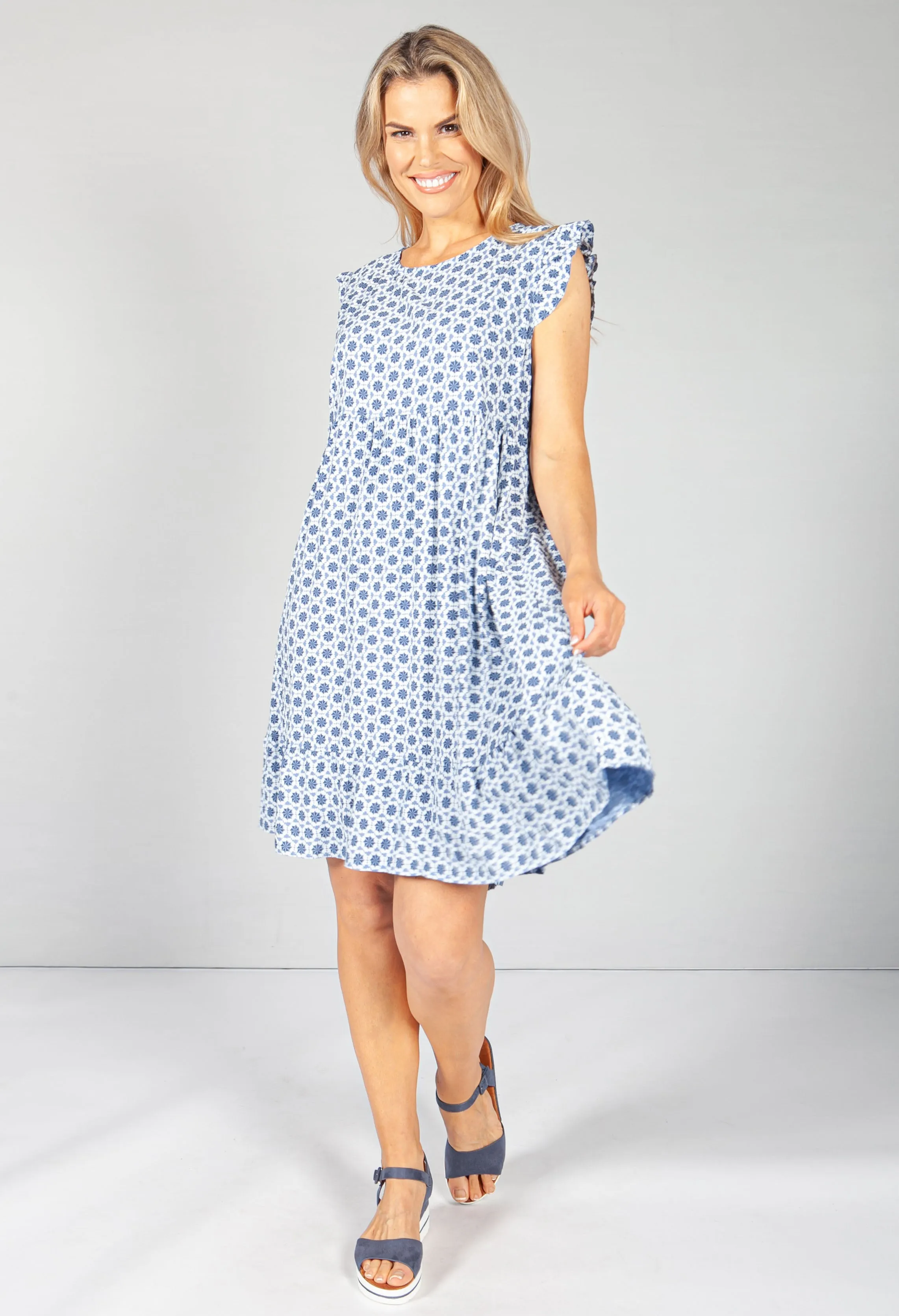 Blue 70's Print Smock Dress