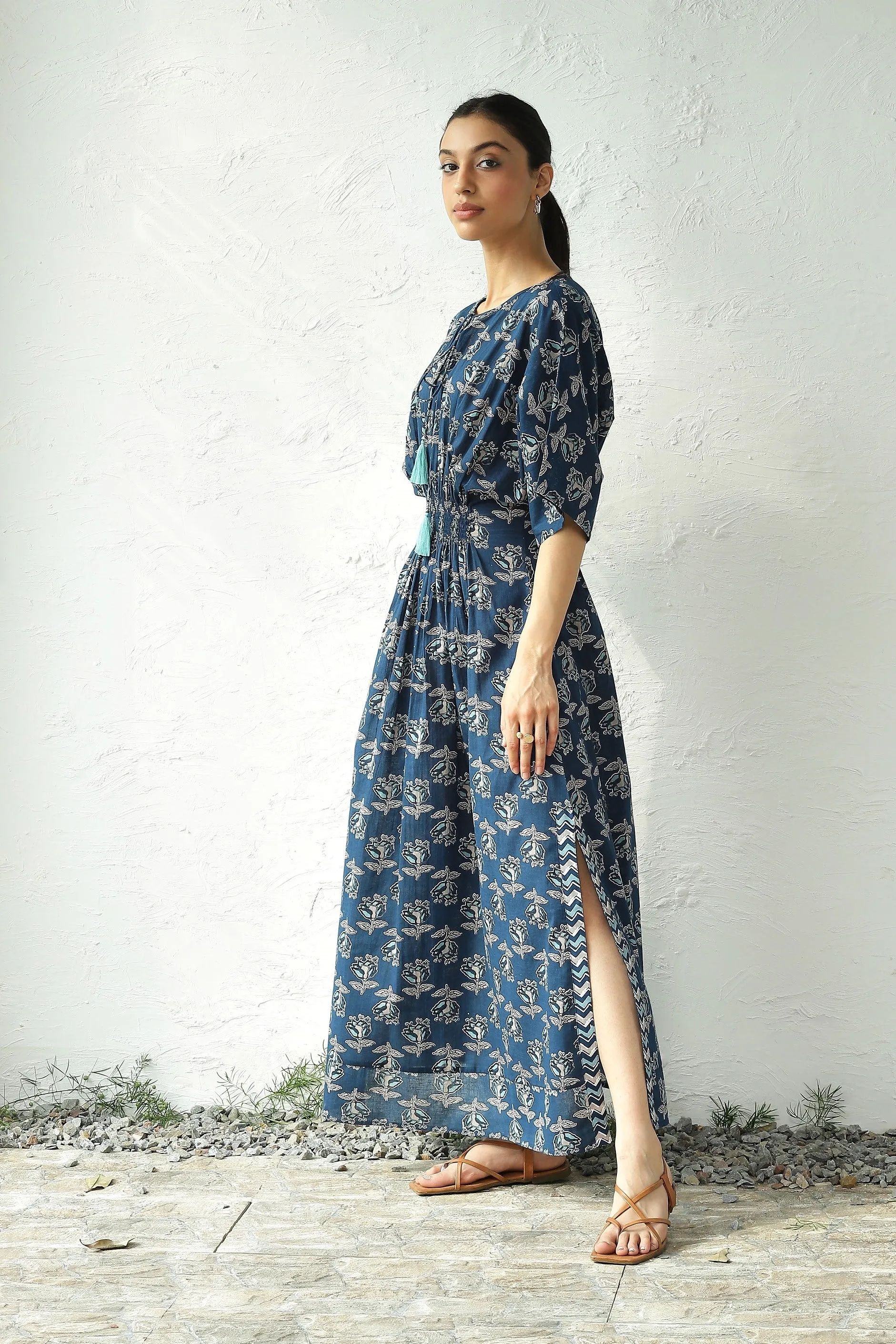 Blue Cotton Side Slit Dress
