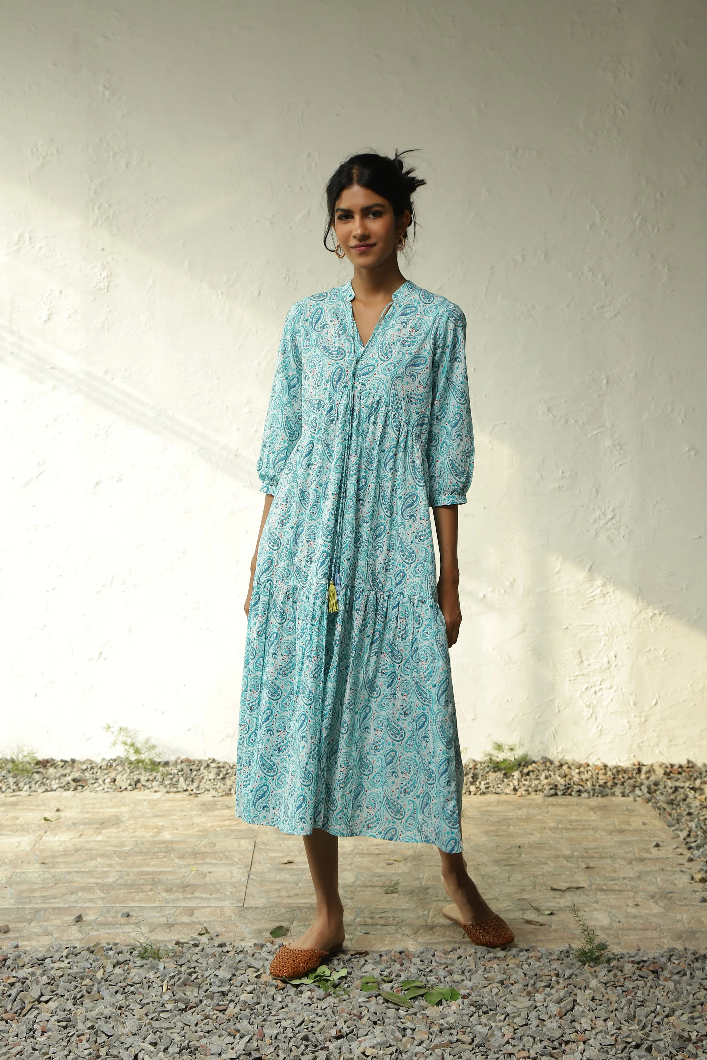 Blue Cotton Tiered Midi Dress
