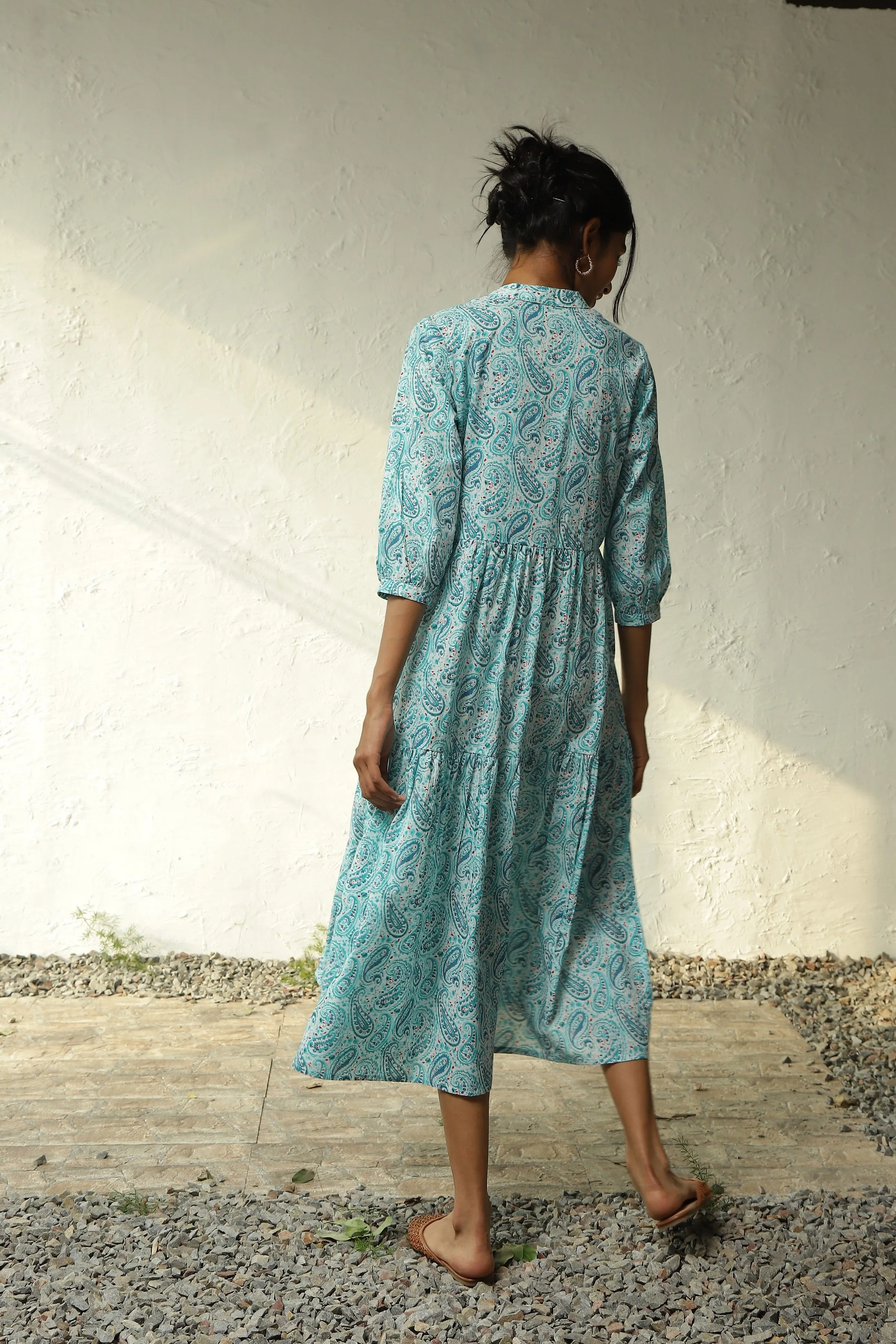 Blue Cotton Tiered Midi Dress