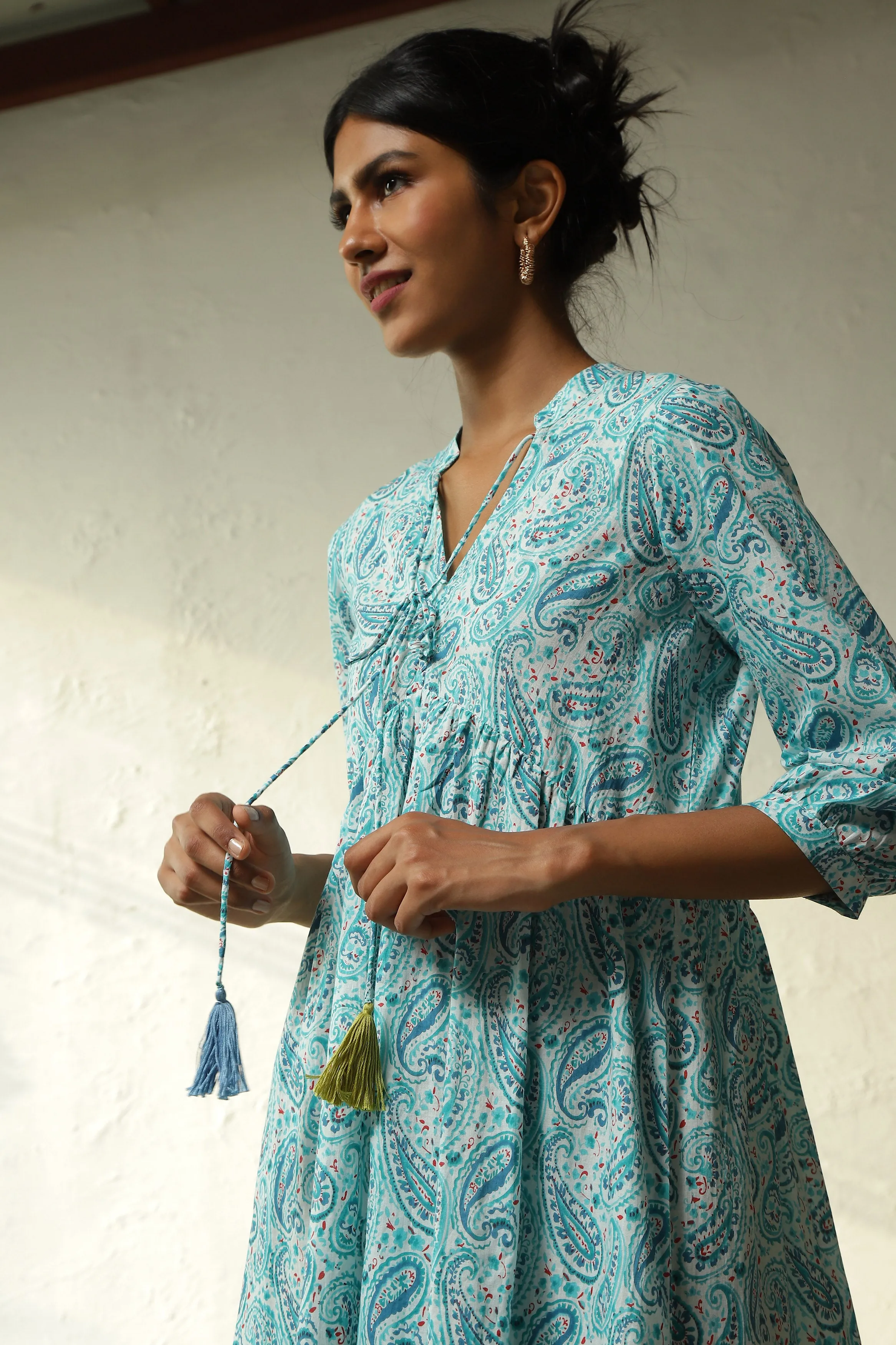 Blue Cotton Tiered Midi Dress