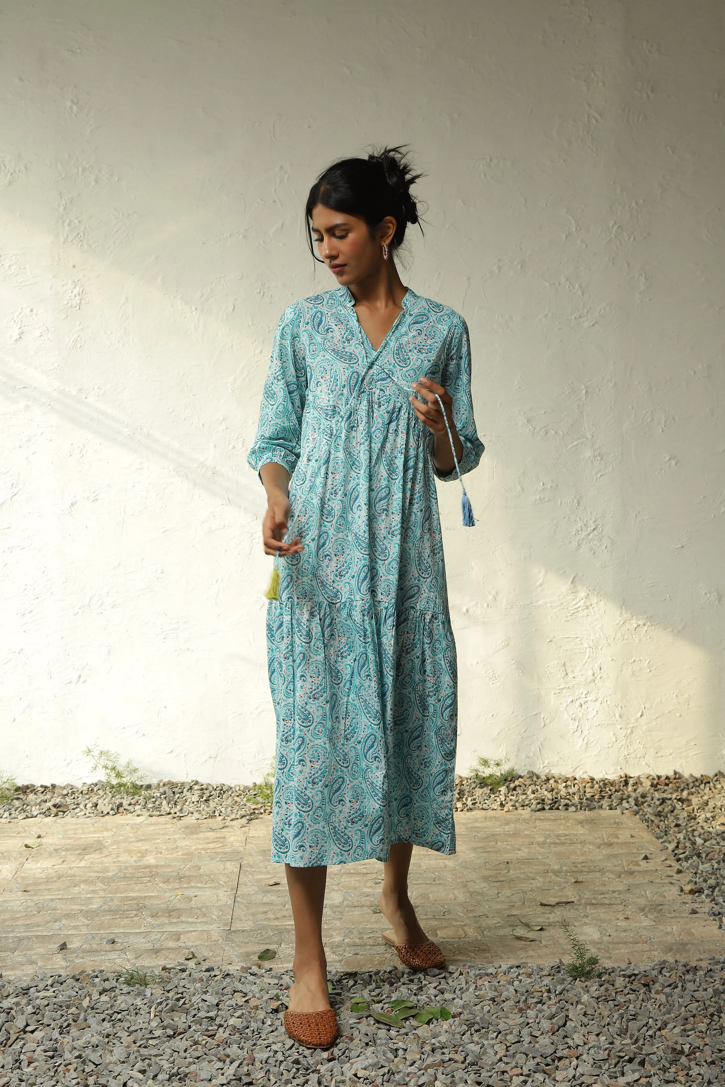 Blue Cotton Tiered Midi Dress