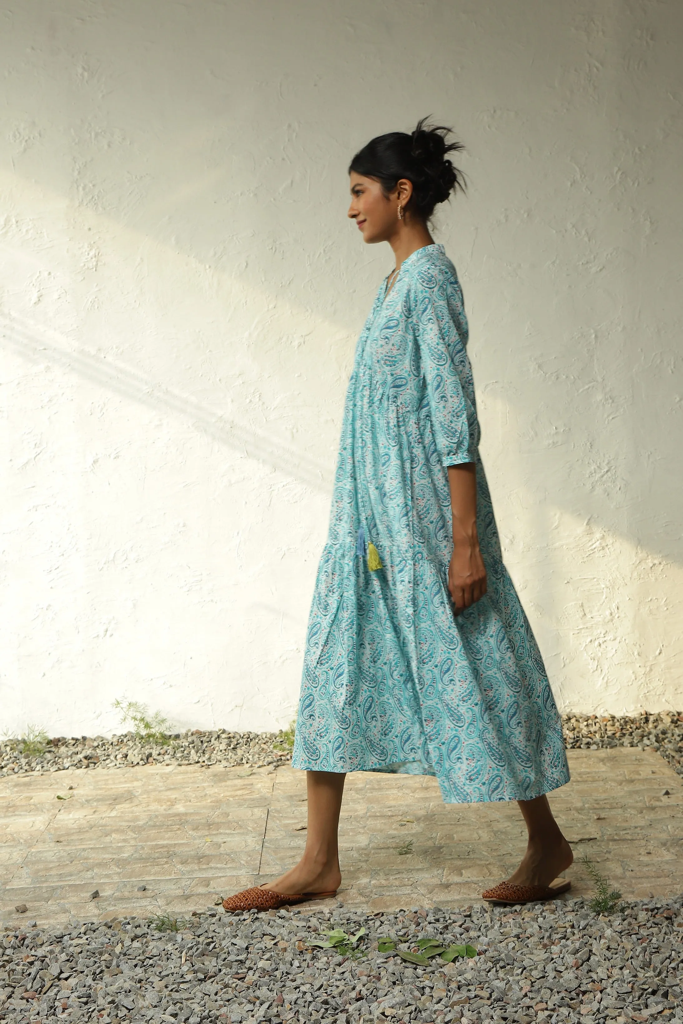 Blue Cotton Tiered Midi Dress