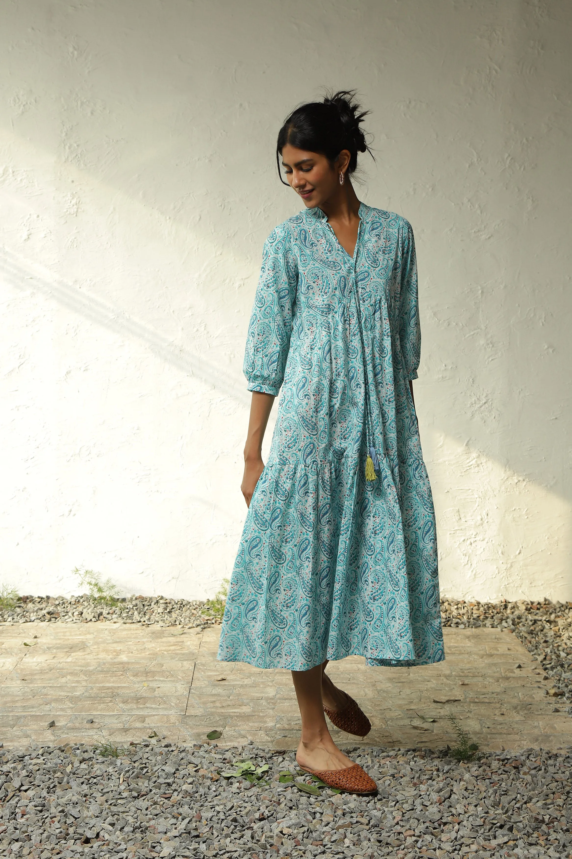 Blue Cotton Tiered Midi Dress