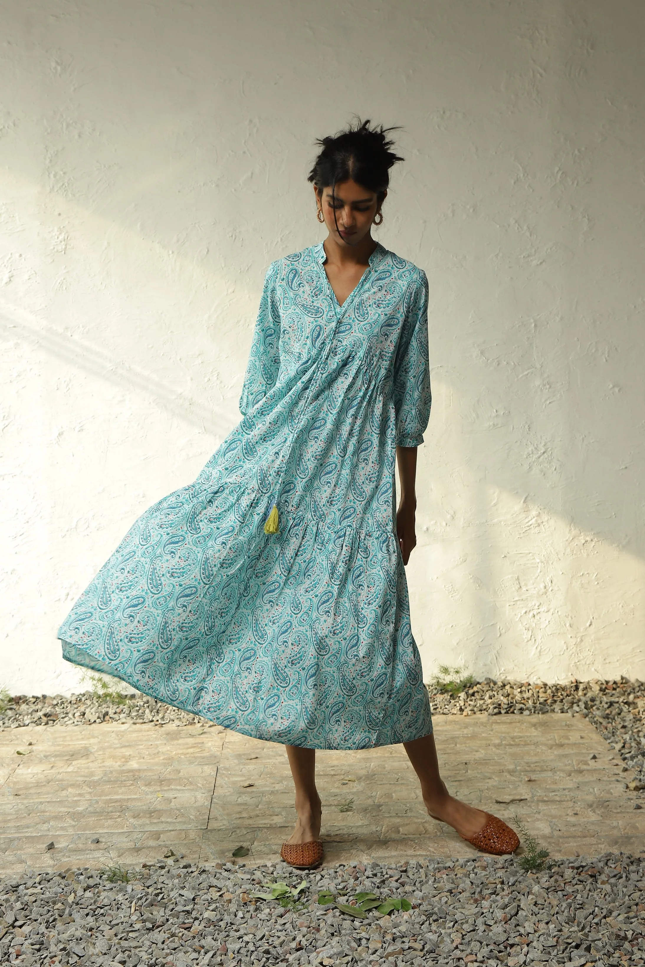 Blue Cotton Tiered Midi Dress