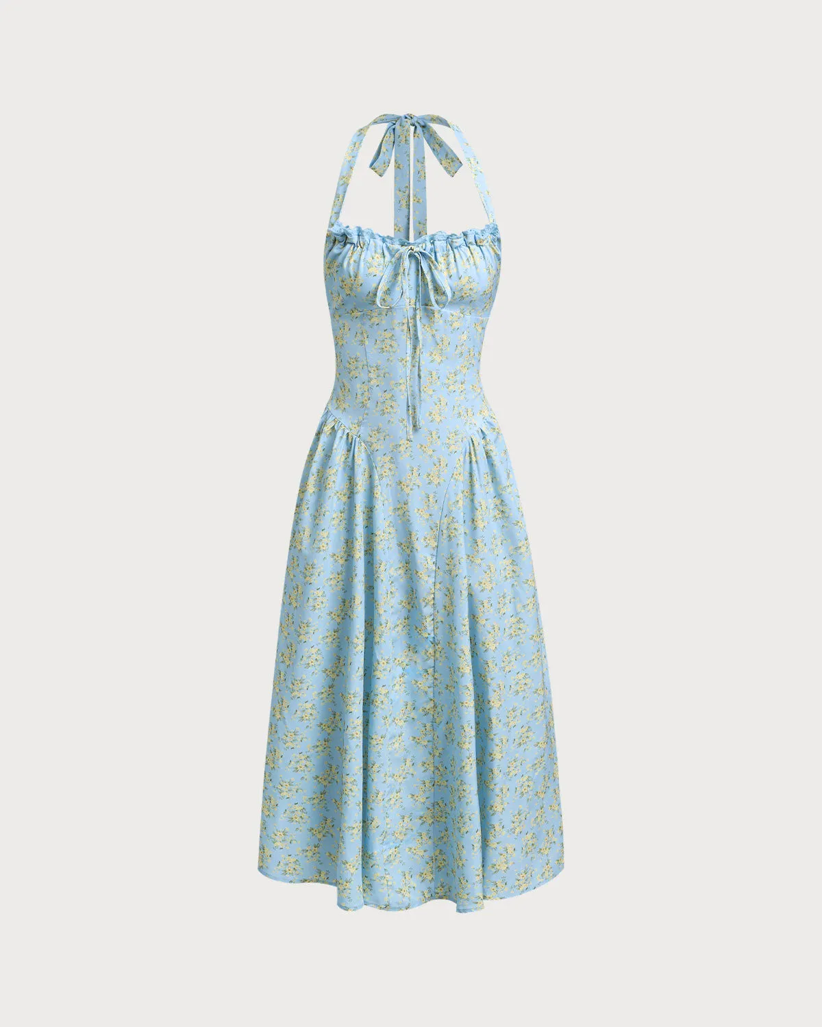 Blue Floral Ruched Lace Halter Midi Dress