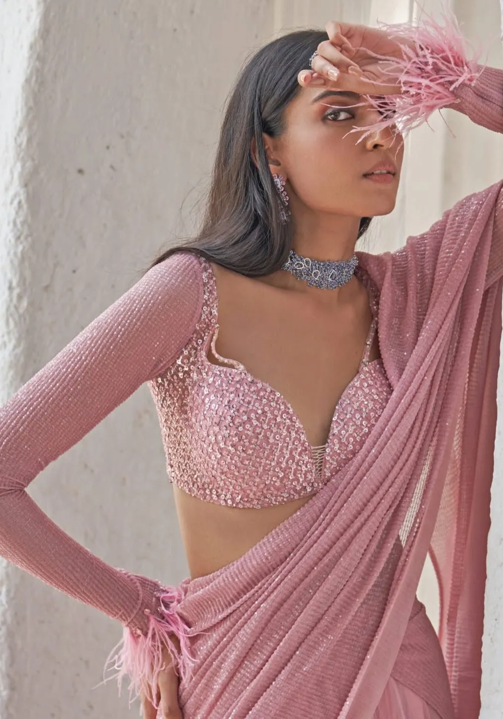Blush Pink Embroidered Pre-Stitched Saree Set