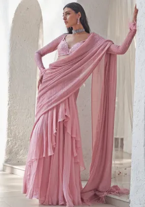 Blush Pink Embroidered Pre-Stitched Saree Set