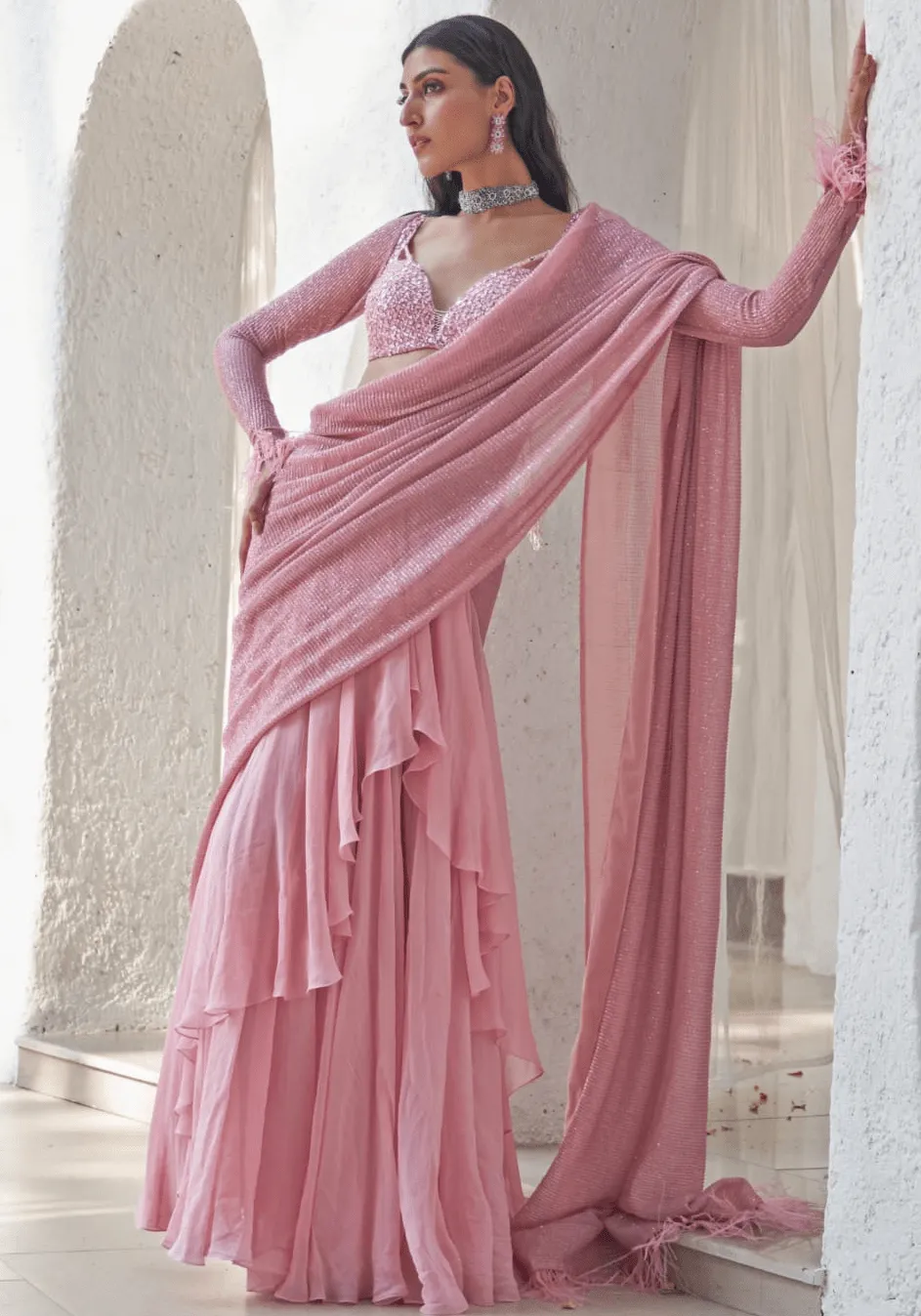 Blush Pink Embroidered Pre-Stitched Saree Set