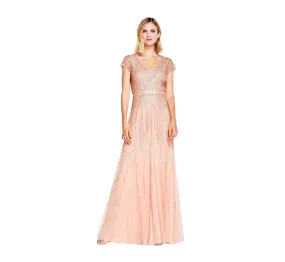 Blush Women's Long Beaded V-Neck Dress with Cap Sleeves and Waistband - Adrianna Papell