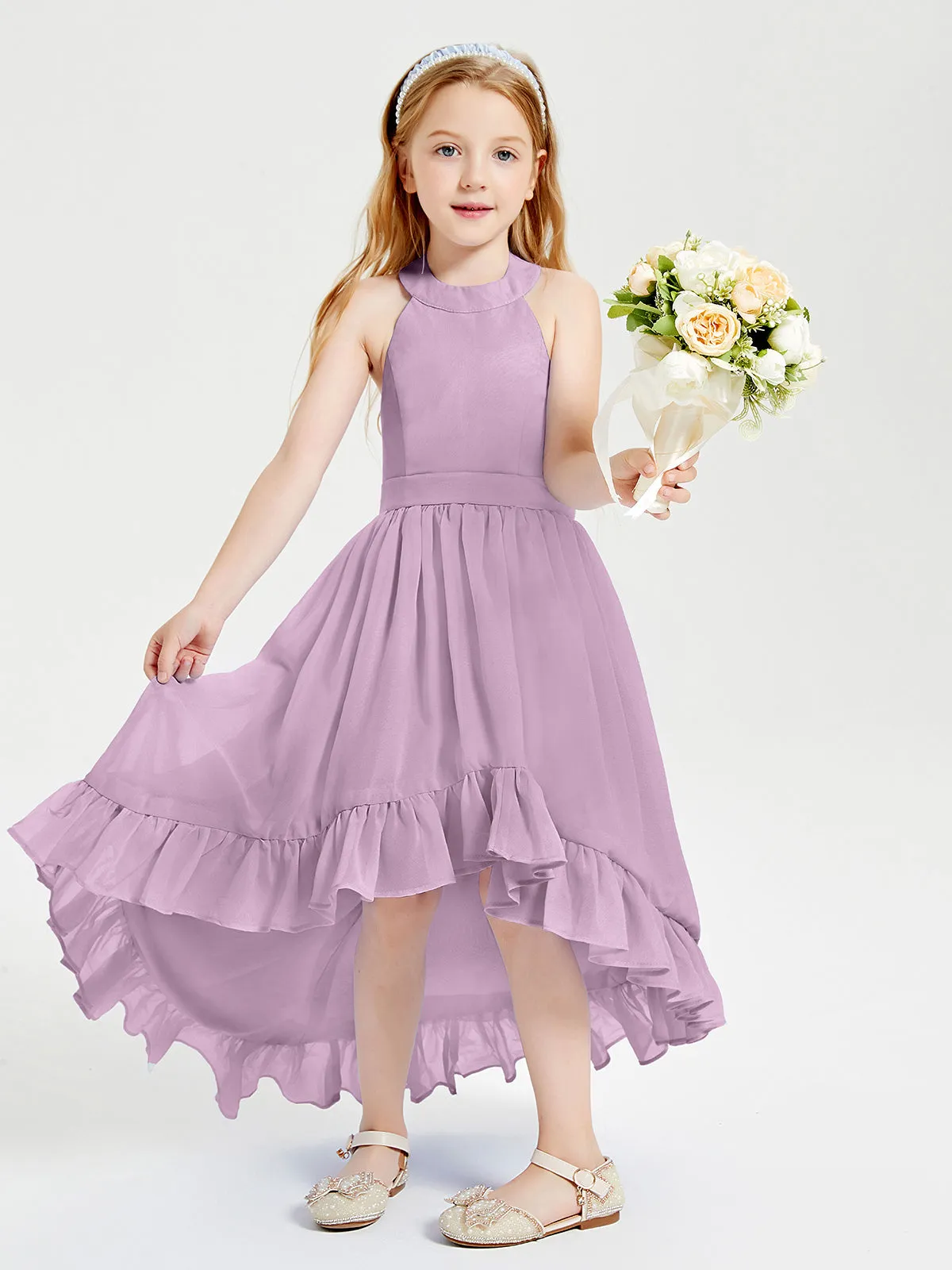 Boho Junior Bridesmaid Dresses Asymmetrical Cascading Skirt Wisteria