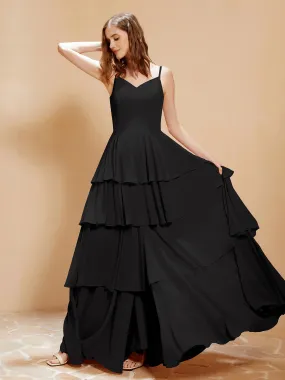 Boho V-neck Floor-length Dress Flowy Ruffles Black Plus Size