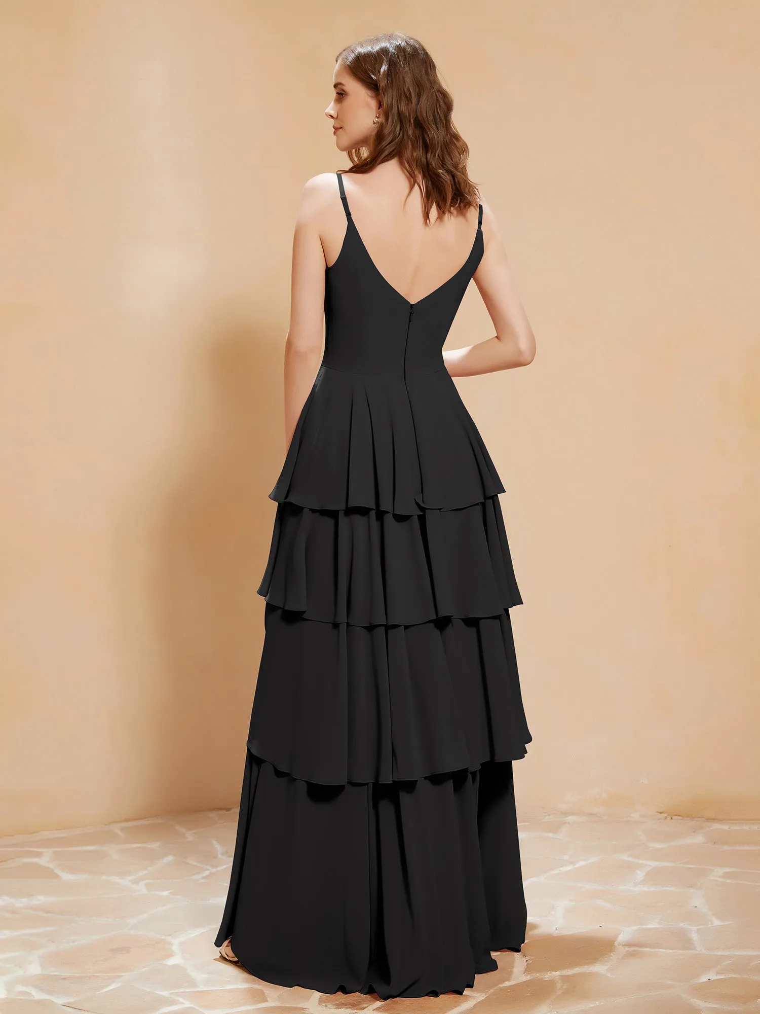 Boho V-neck Floor-length Dress Flowy Ruffles Black Plus Size