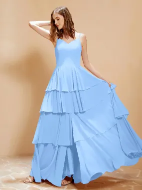 Boho V-neck Floor-length Dress Flowy Ruffles Sky Blue Plus Size