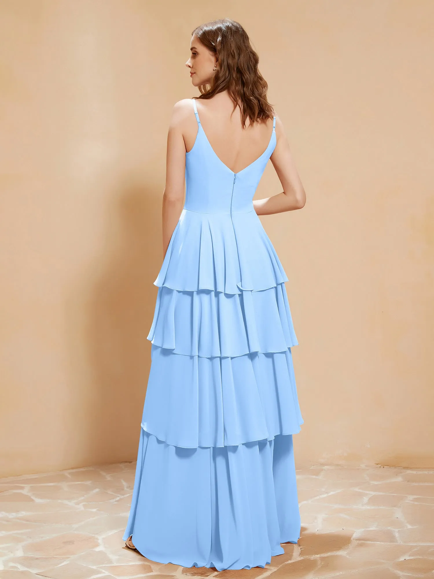 Boho V-neck Floor-length Dress Flowy Ruffles Sky Blue Plus Size